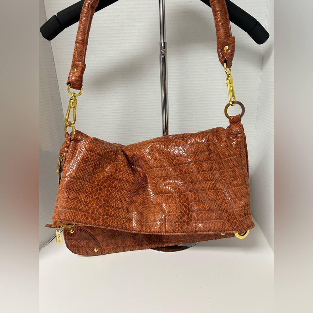 Snakeskin JM Myra Folding Flap Over Handbag Tote Burnt Orange animal print Chic